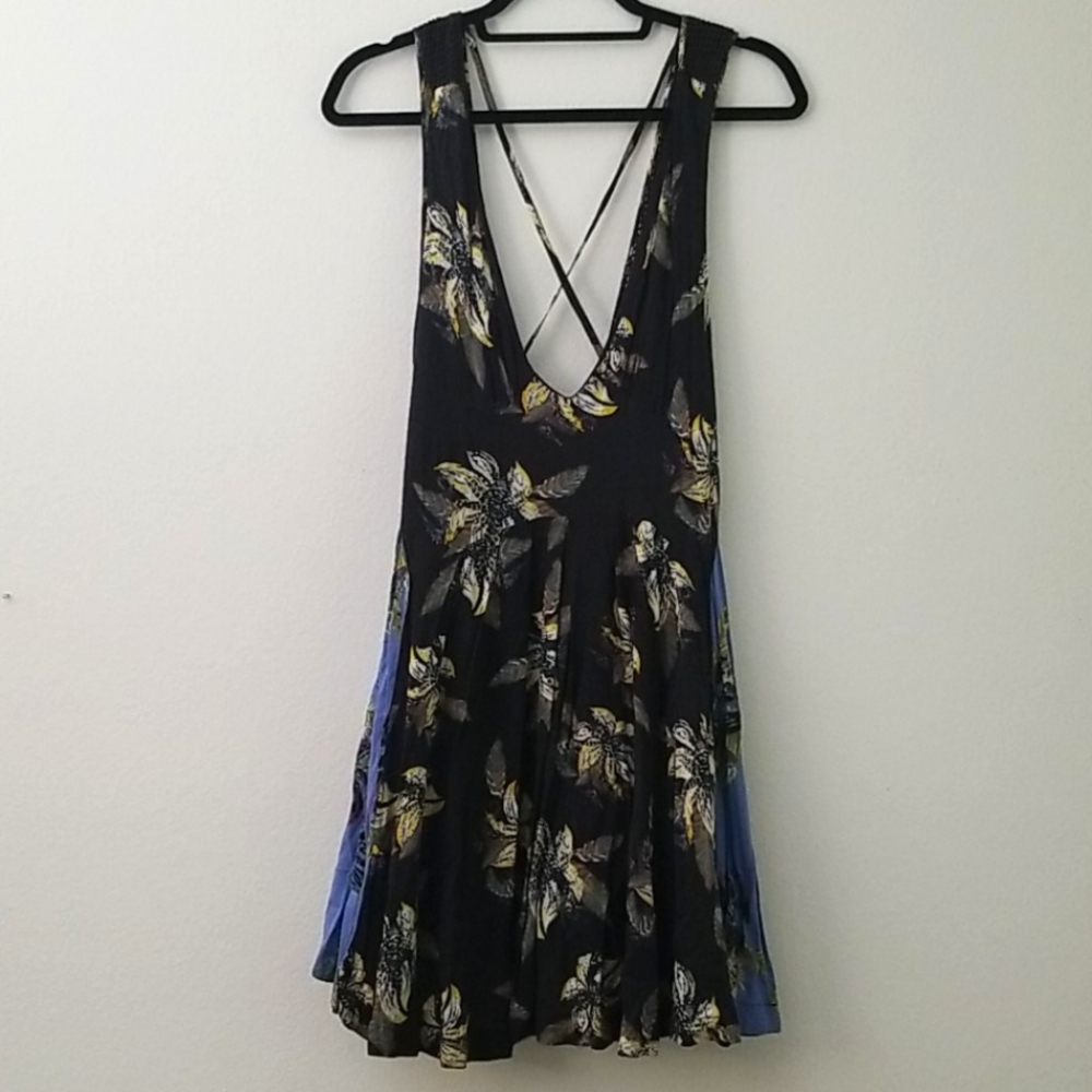 Free People Black Floral Strappy Back Dress with Blue Accents - Picture 1 of 5